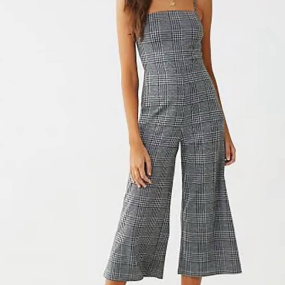 Plaid Strap Wide-Leg Jumpsuit in Gray